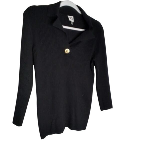 Anne Klein Ribbed Knit Collared Sweater Gold Button Black Women’s Small - Picture 1 of 6